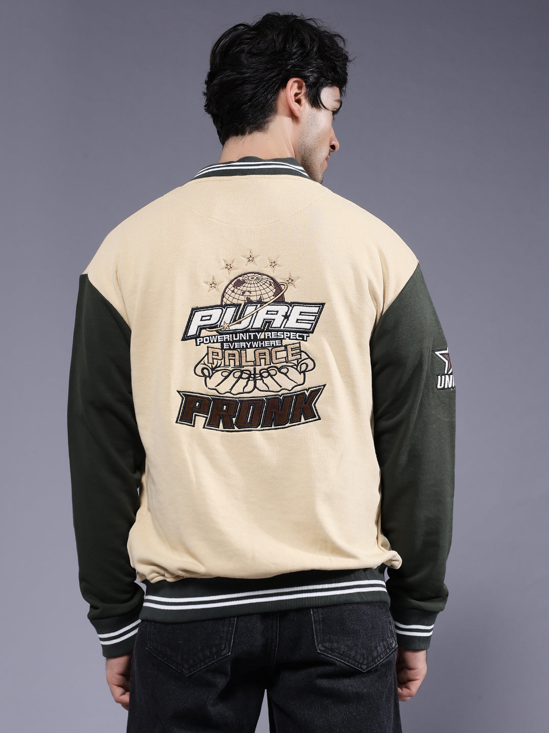 Respect Men Embroidered Varsity Bomber Jacket
