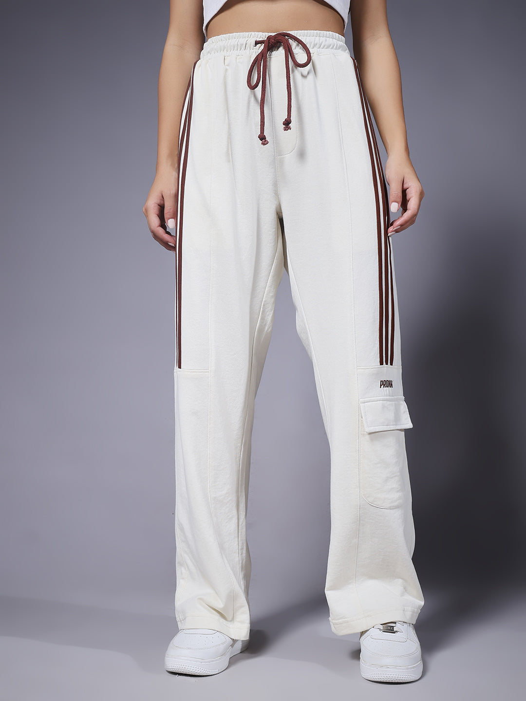 Women Premium Terry Cargo Pants with Side Stripes - Beige