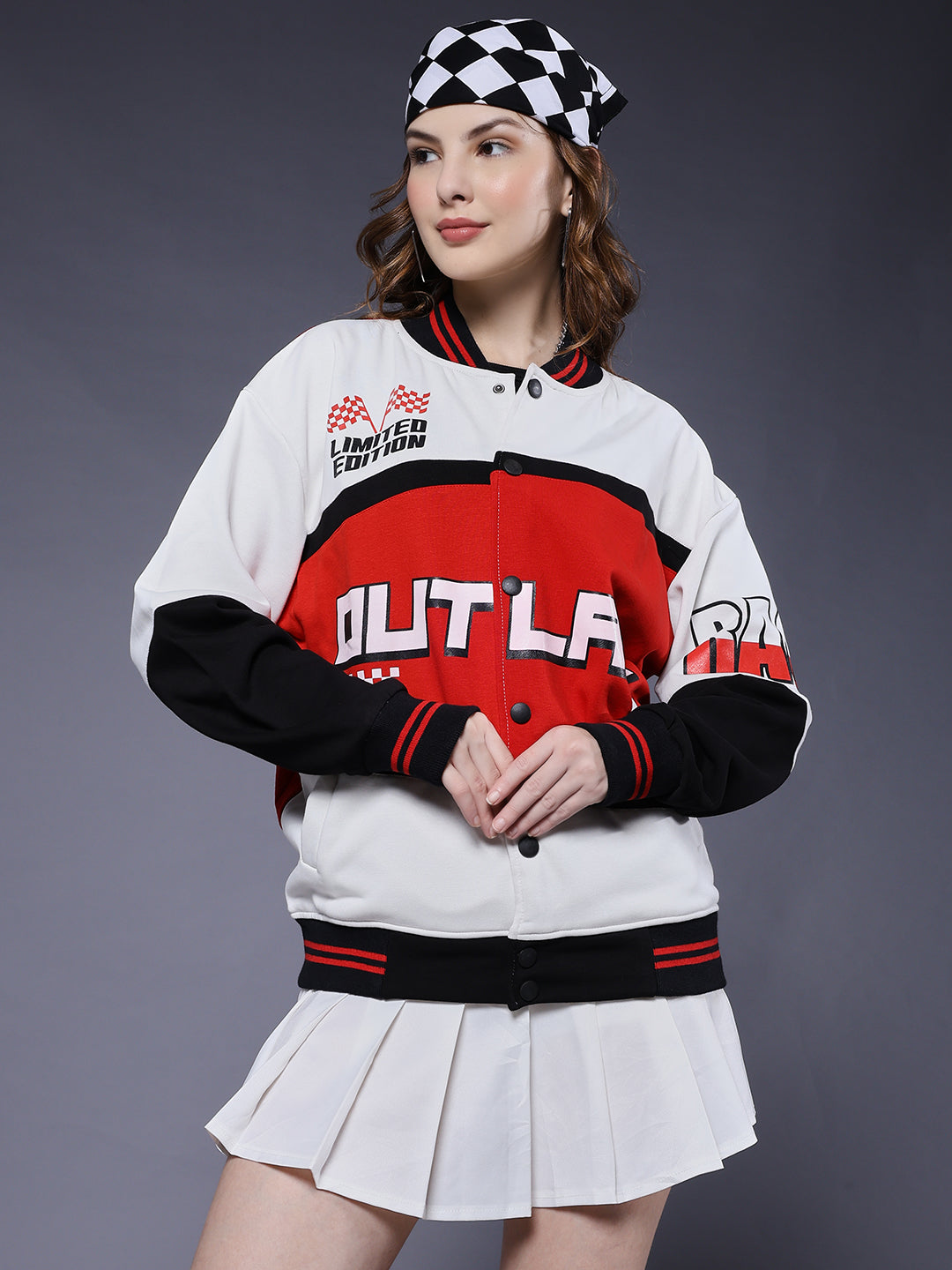 Women Graphic Printed Varsity Bomber Jacket –