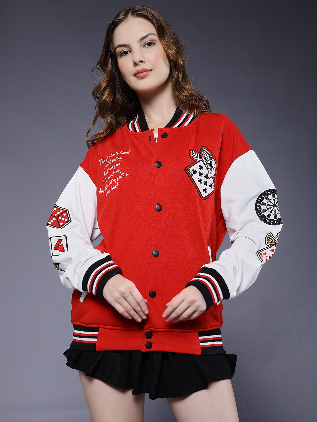 Cards Women Varsity Embroidered Bomber Jacket – - Main Image
