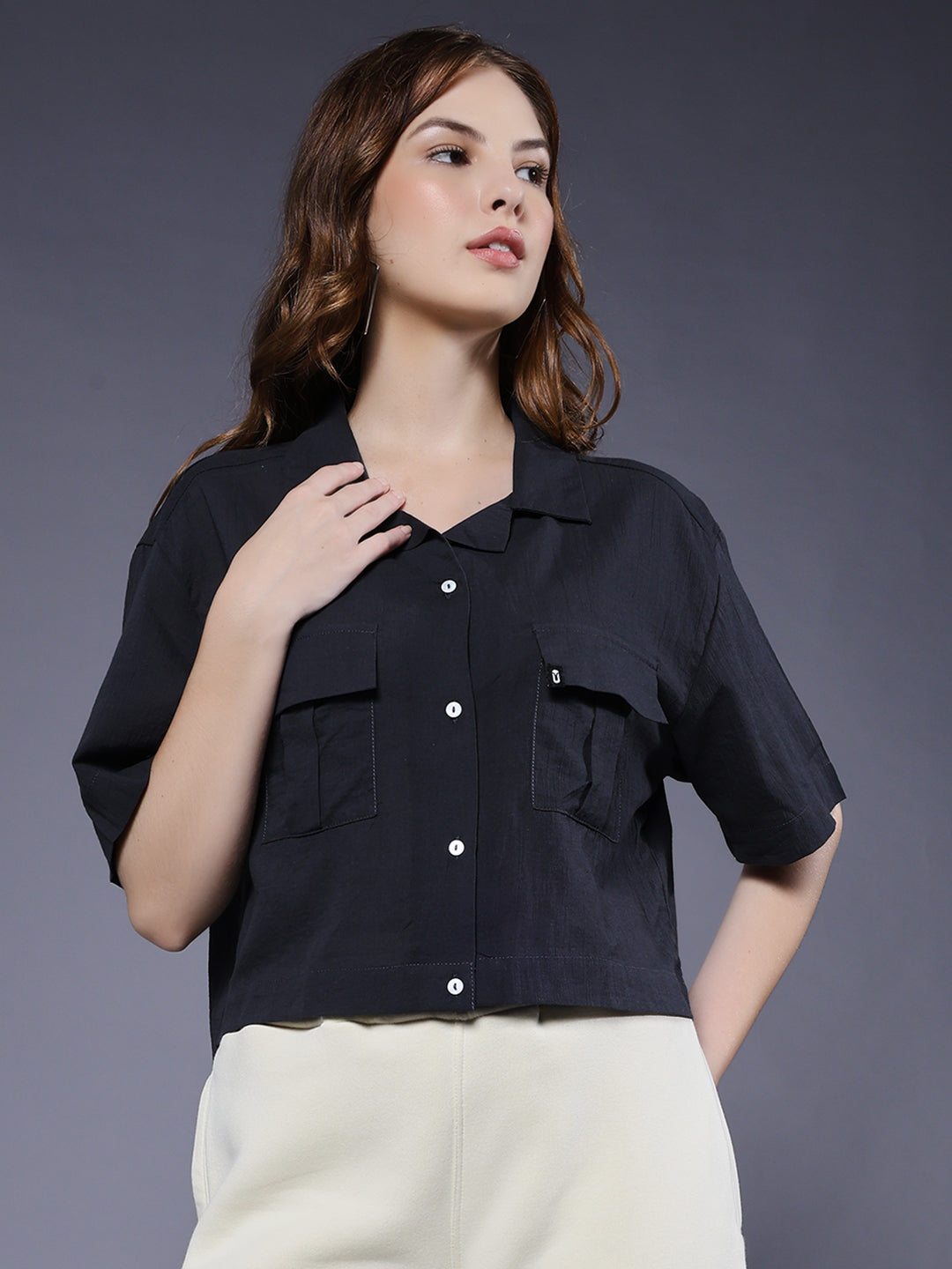 Women Solid Crop Shirt Dark Grey