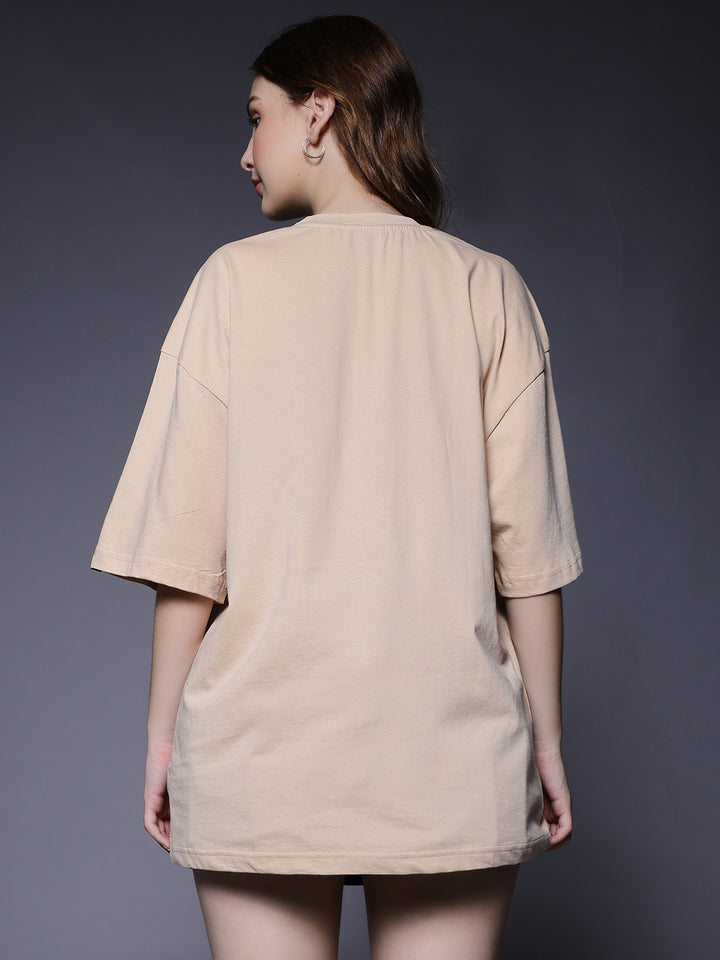 Solid Women Oversized T-Shirt - Beige