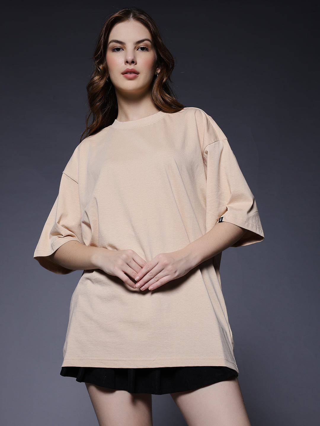 Solid Women Oversized T-Shirt - Beige