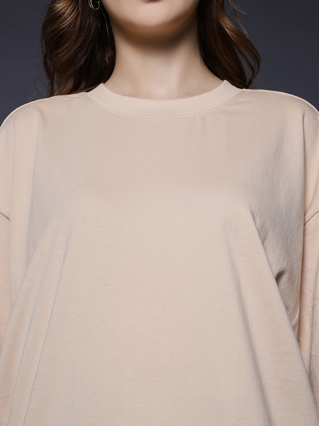 Solid Women Oversized T-Shirt - Beige