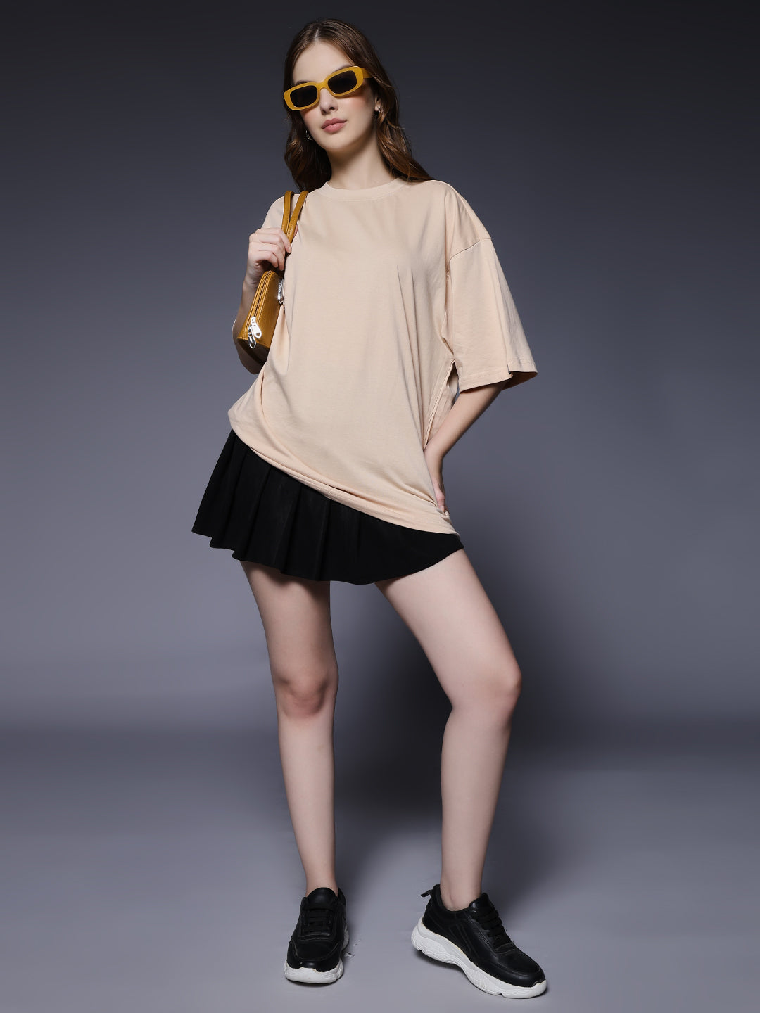 Solid Women Oversized T-Shirt - Beige