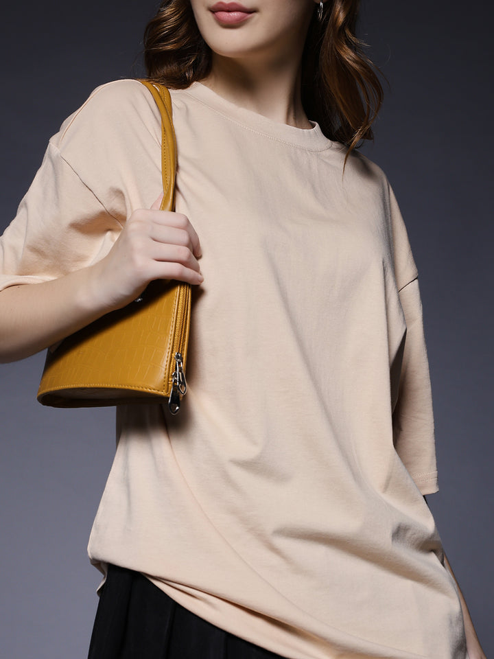 Solid Women Oversized T-Shirt - Beige