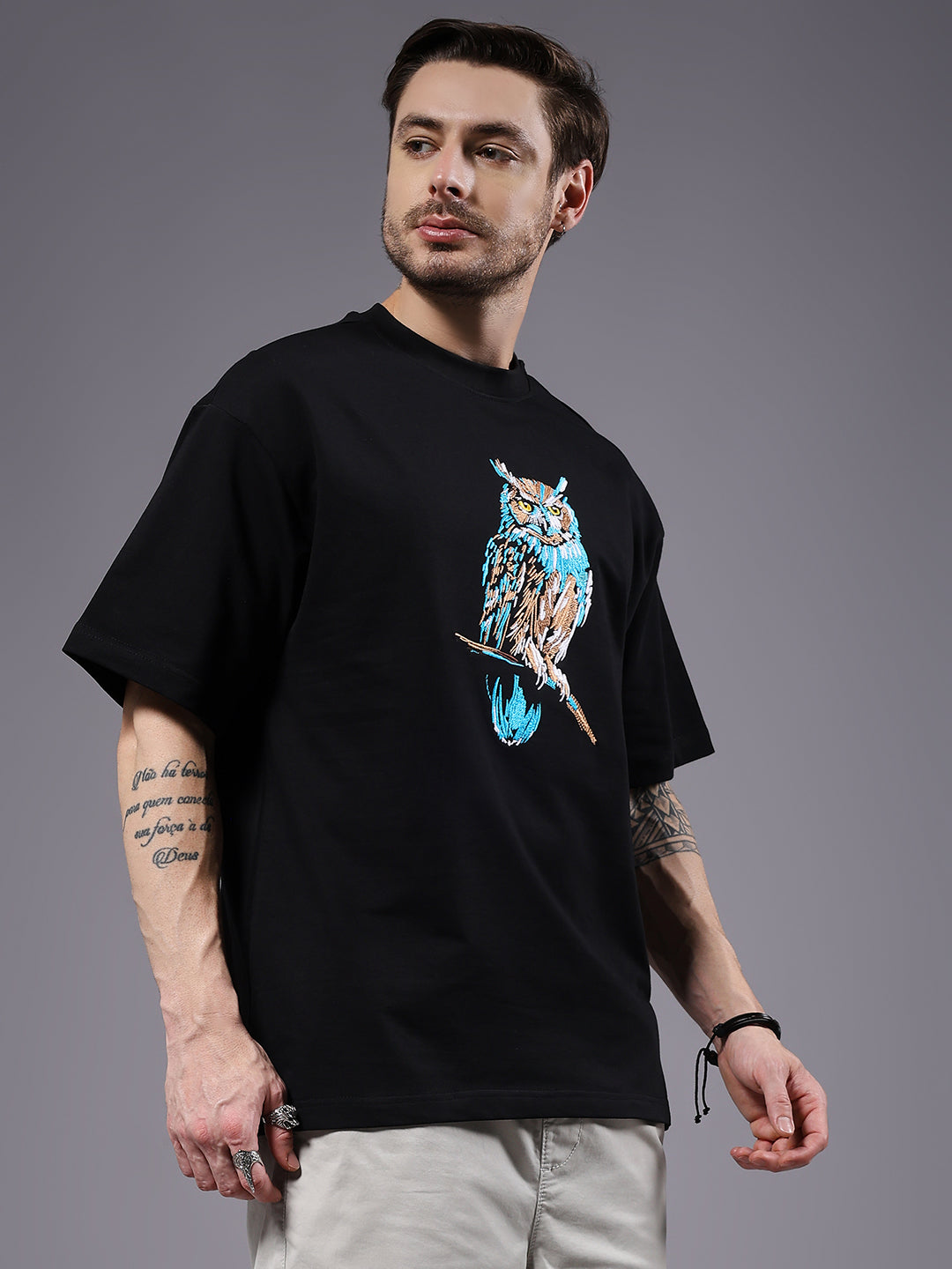 Owl Embroidered Men Premium Oversized Terry T-shirt