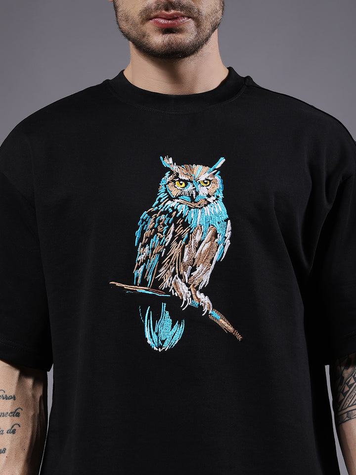 Owl Embroidered Men Premium Oversized Terry T-shirt