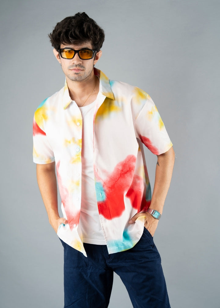 Mens Cuban Collar Printed Casual Shirt