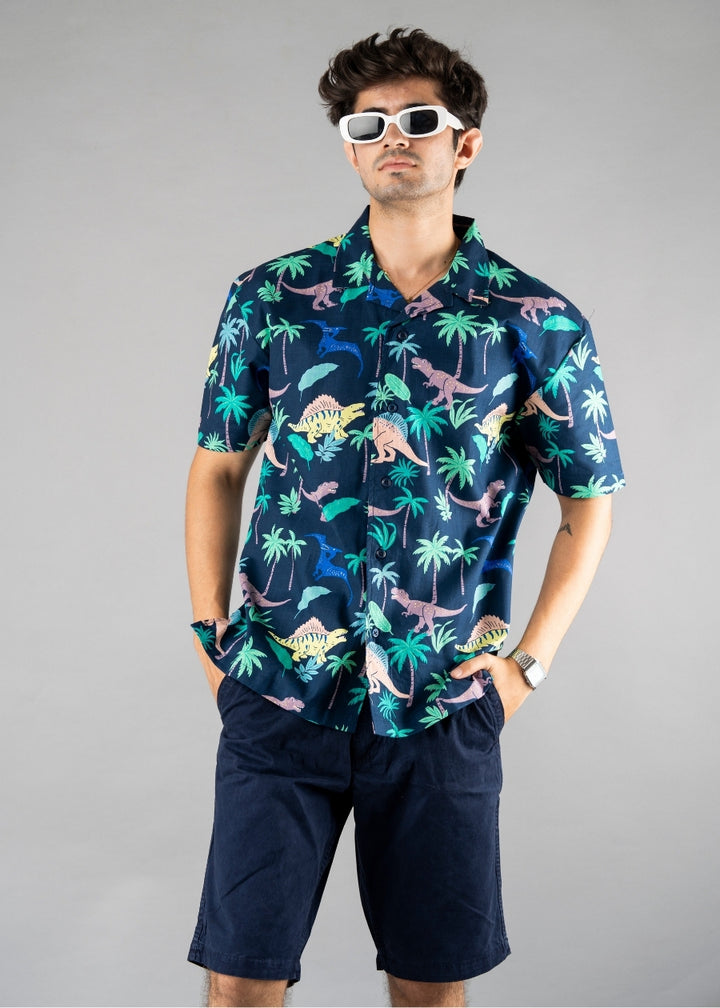 Mens Cuban Collar Printed Casual Shirt