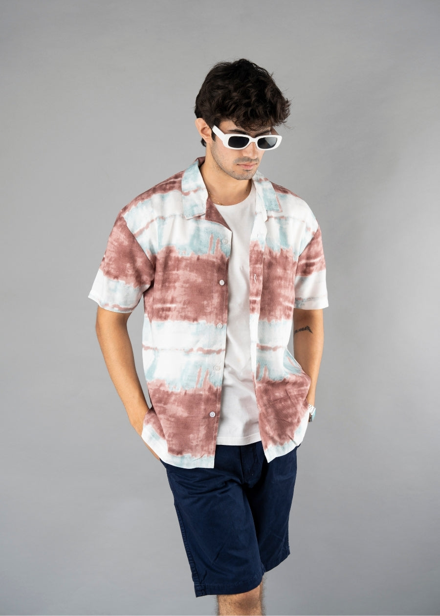 Mens Cuban Collar Printed Casual Shirt