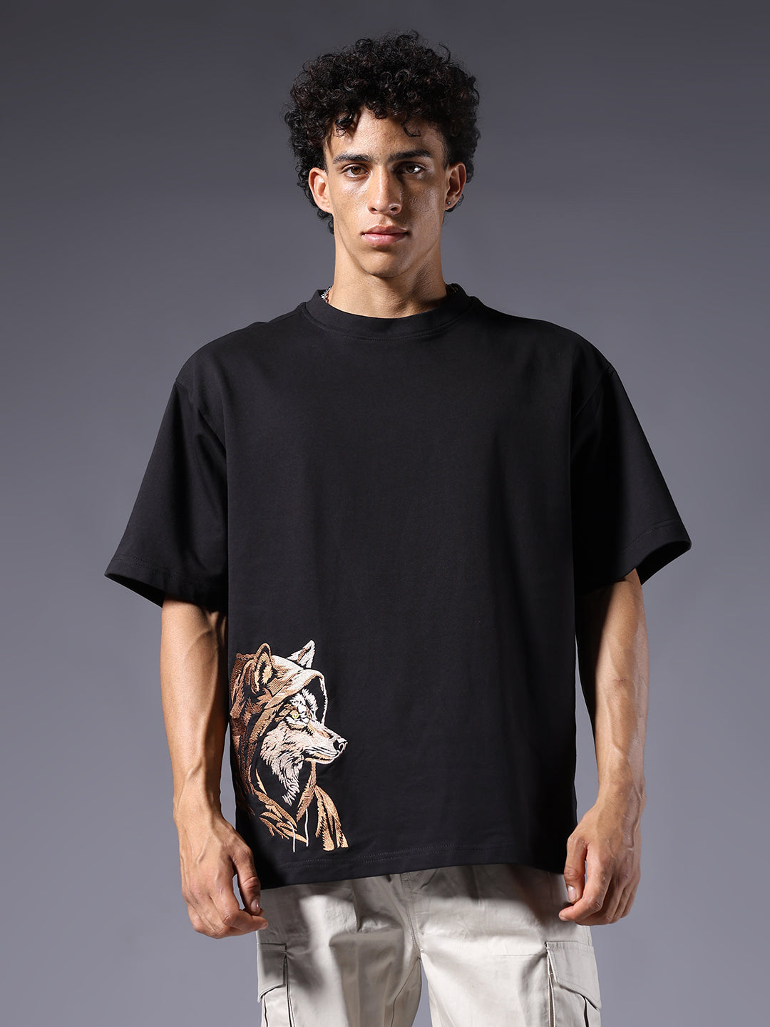 Wolf Embroidered Men Oversized Black Terry T-Shirt