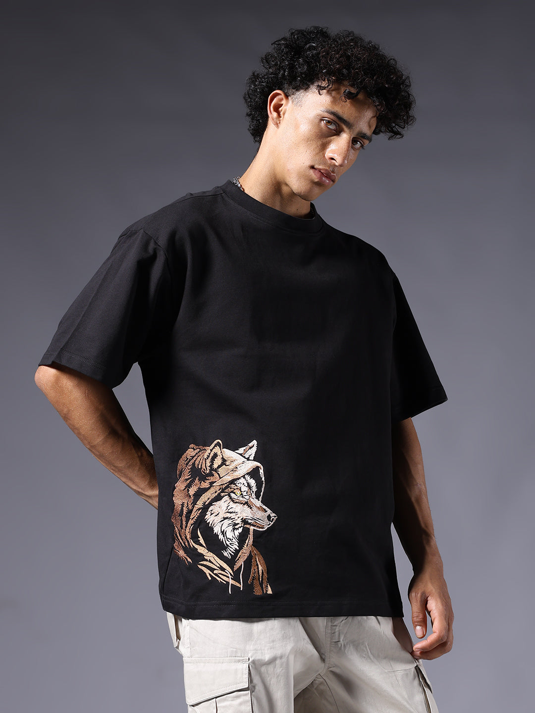 Wolf Embroidered Men Oversized Black Terry T-Shirt