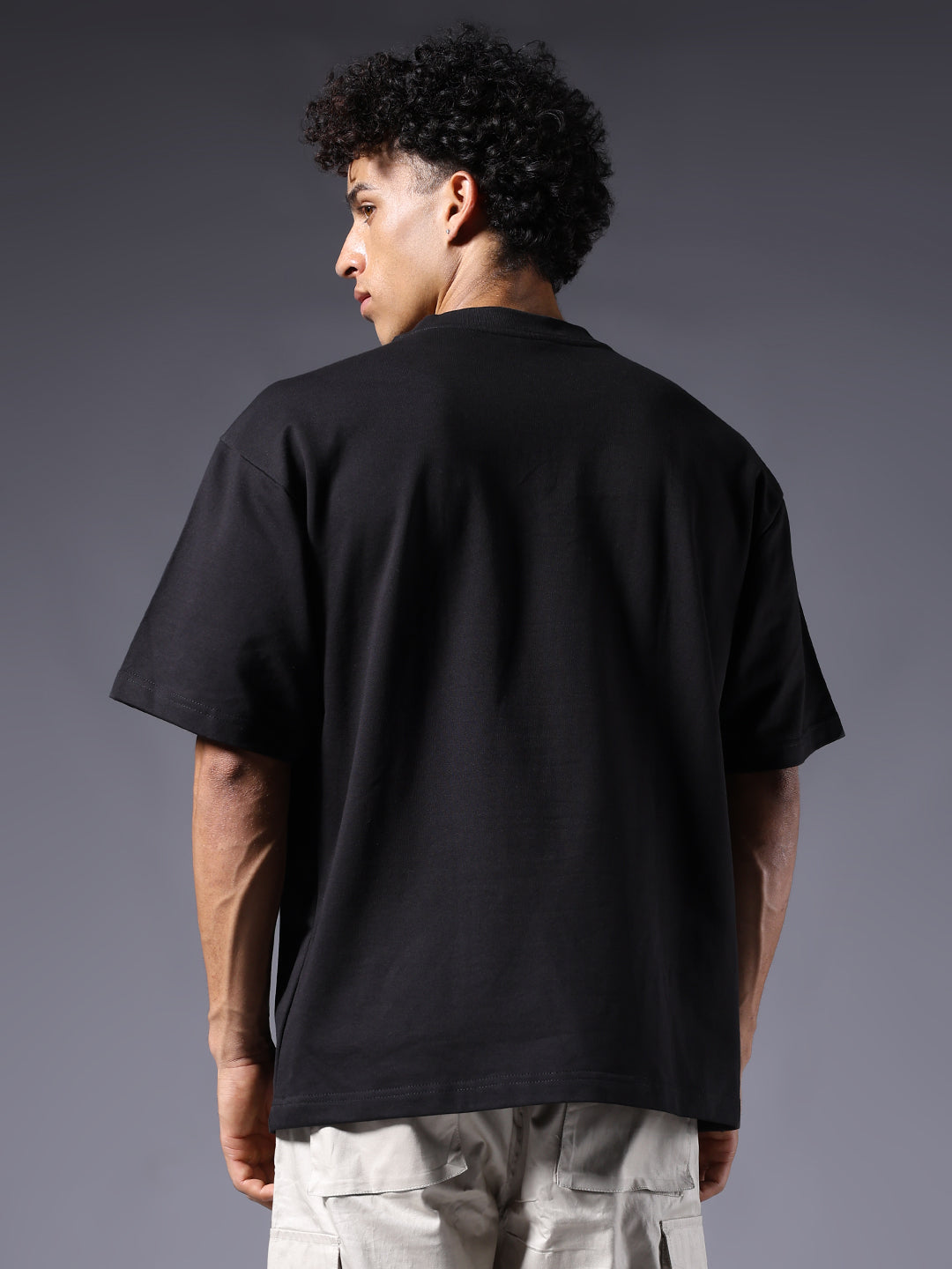 Wolf Embroidered Men Oversized Black Terry T-Shirt
