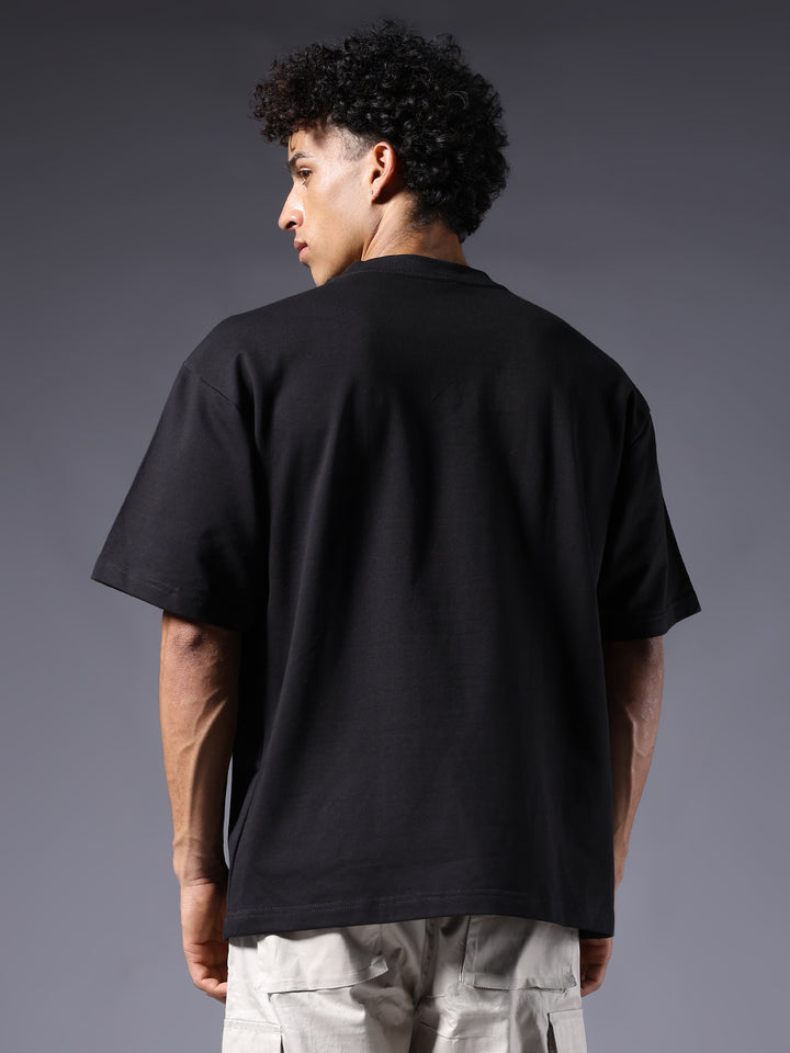Wolf Embroidered Men Oversized Black Terry T-Shirt