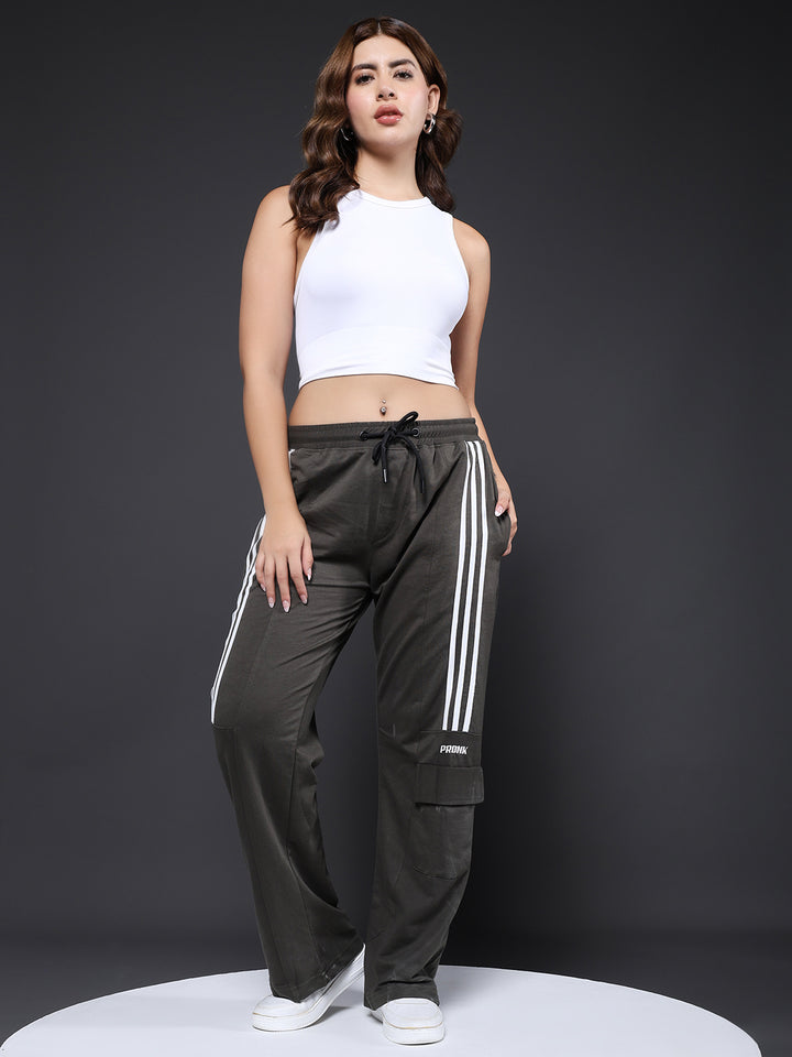 Women Premium Terry Cargo Pants with Side Stripes - Olive Green