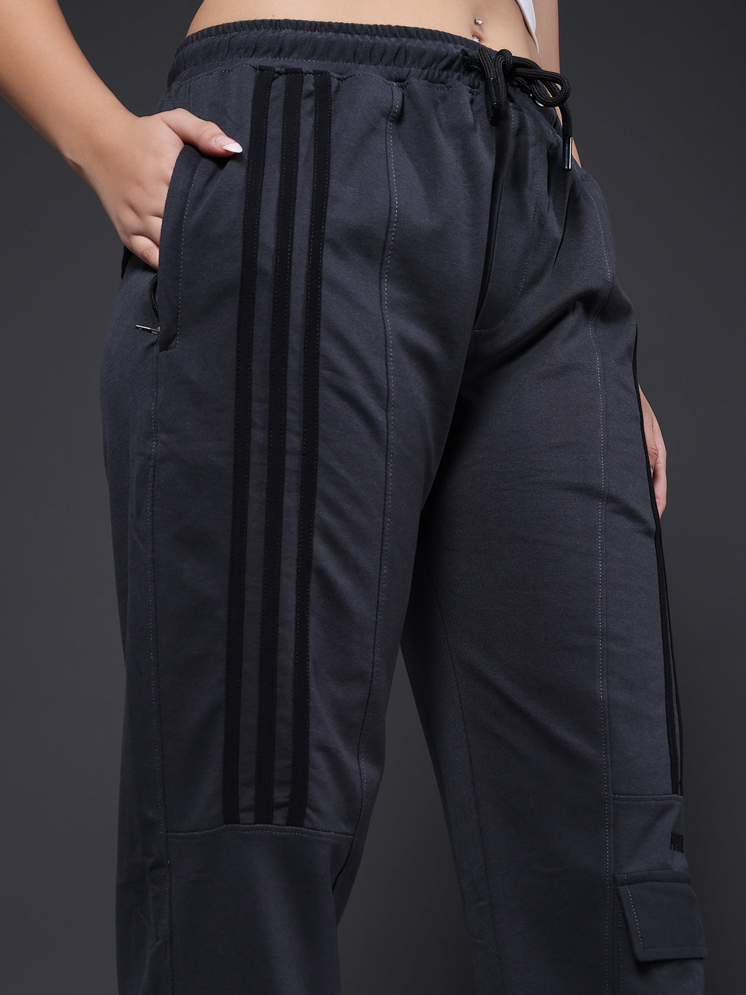 Women Premium Terry Cargo Pants with Side Stripes - Dark Grey
