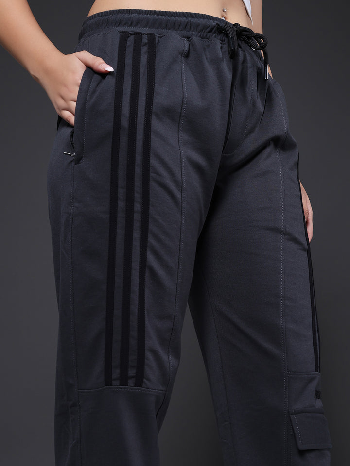 Women Premium Terry Cargo Pants with Side Stripes - Dark Grey