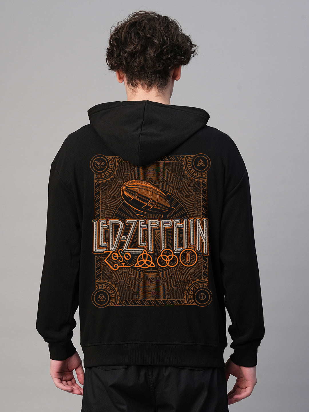 Led Zeppelin Men Drop Shoulder Premium Terry Hoodie Black