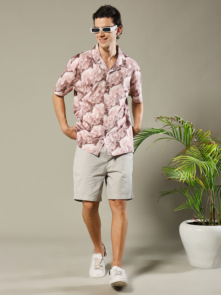 Mens Cuban Collar Printed Casual Shirt
