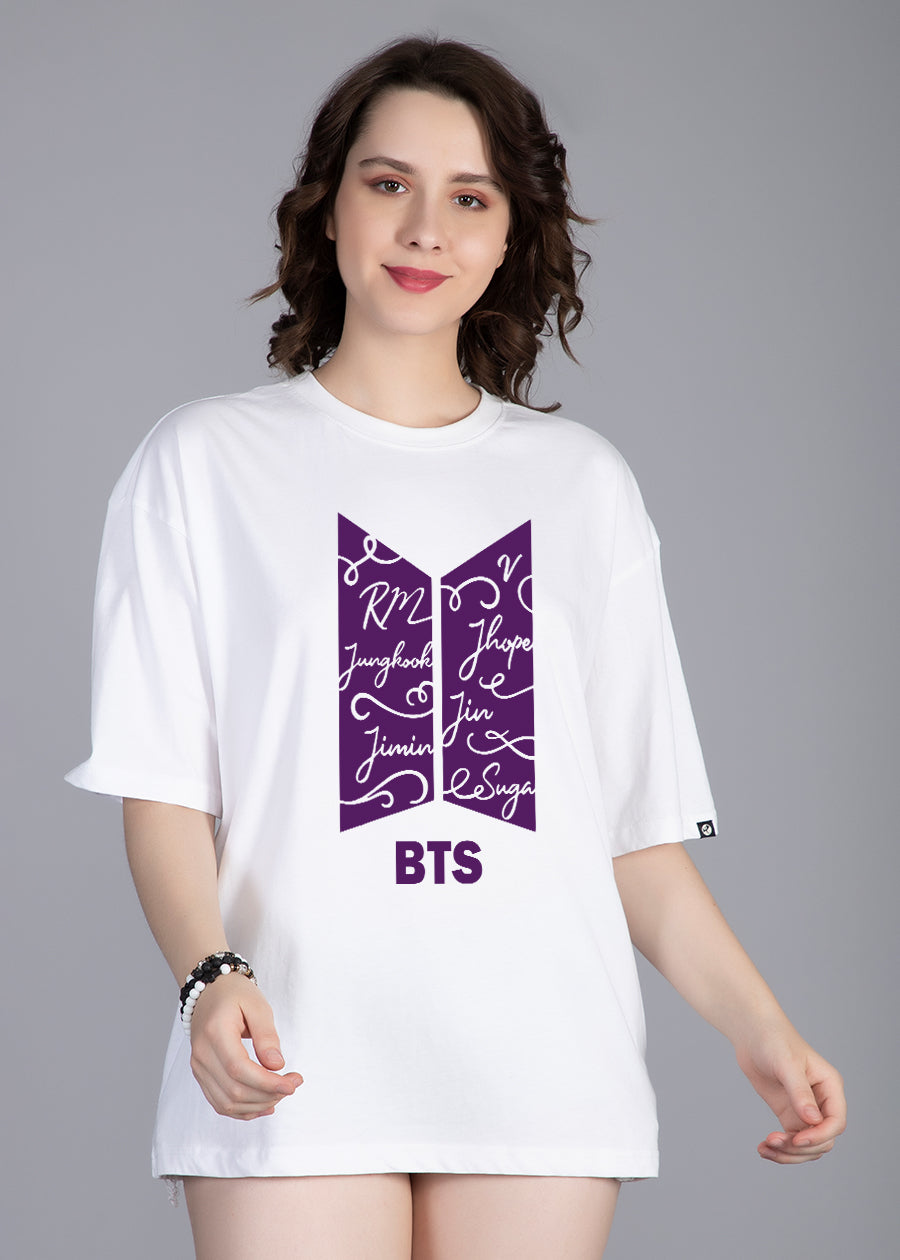 Korean Army White Printed Oversized T-shirt For Women 