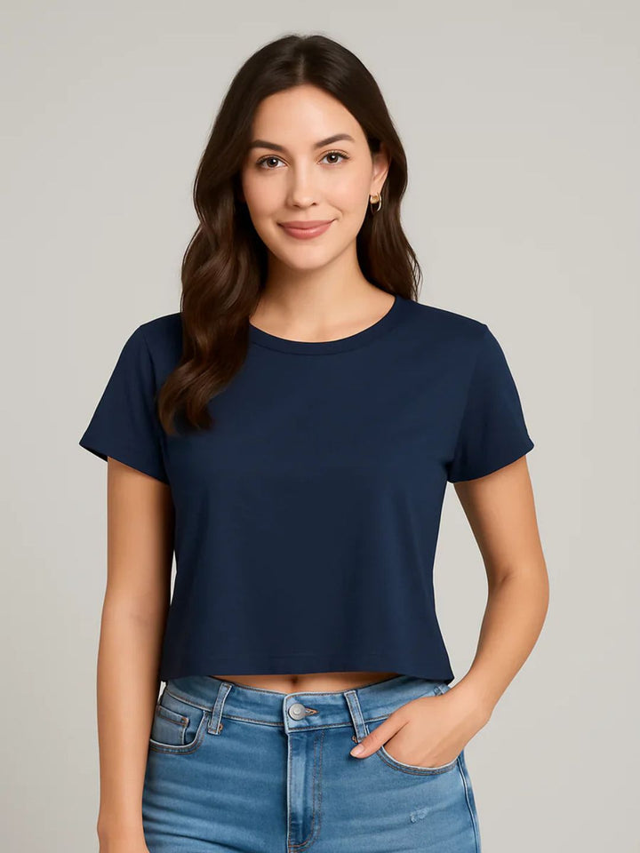 Solid Women Half Sleeve Crop Top - Classic Navy