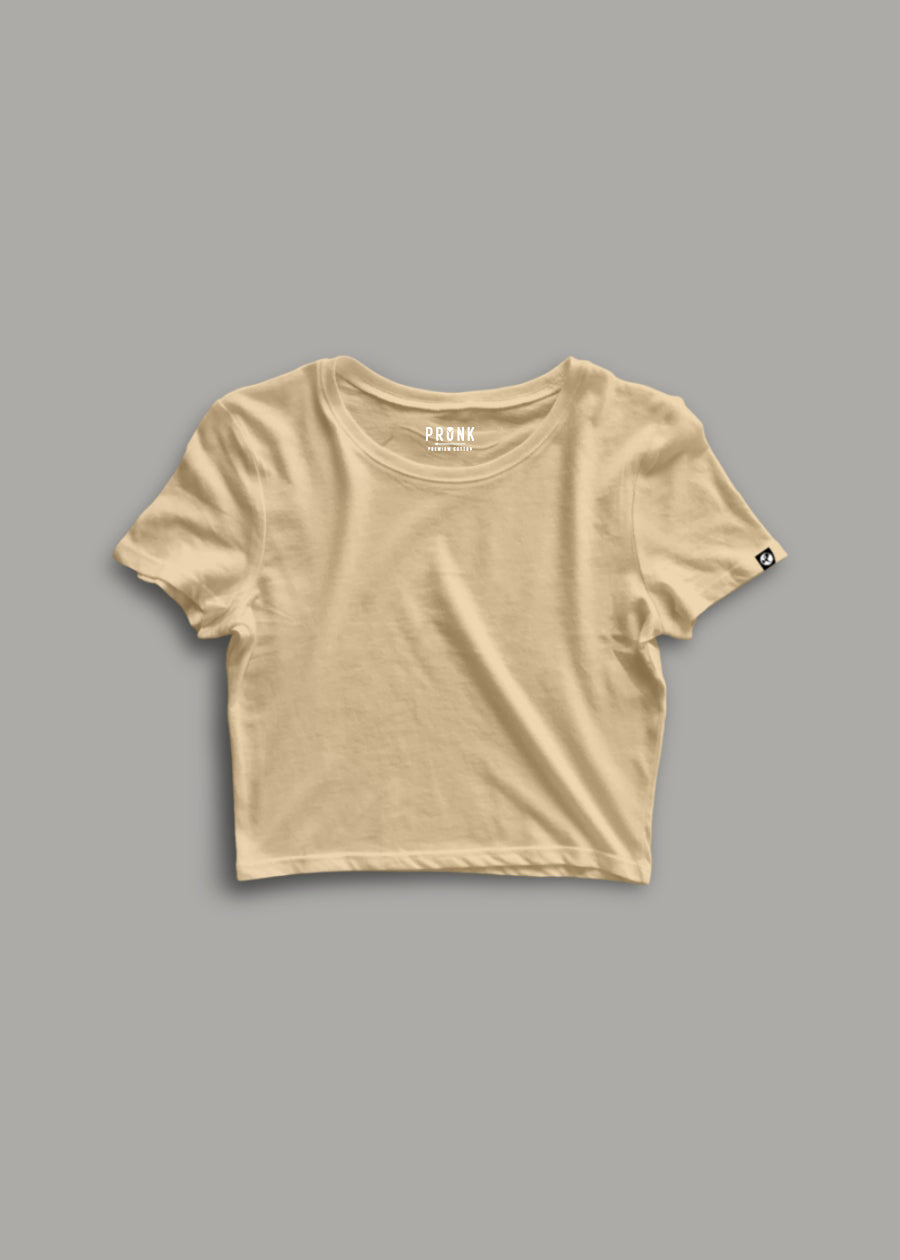 Solid Women Half Sleeve Crop Top - Beige