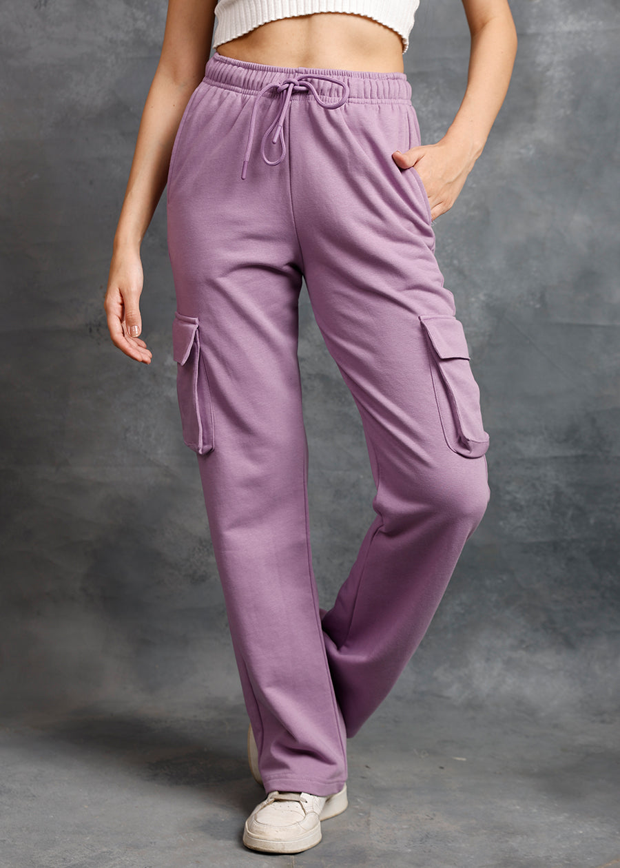Solid Lilac Premium Terry Cargo Pants For Womens