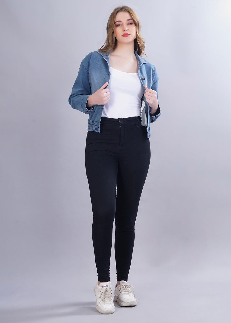 Cropped Blue Denim Jacket For Womens