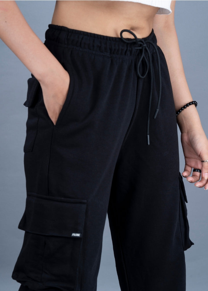 Women Premium Terry Cargo Pants - Black