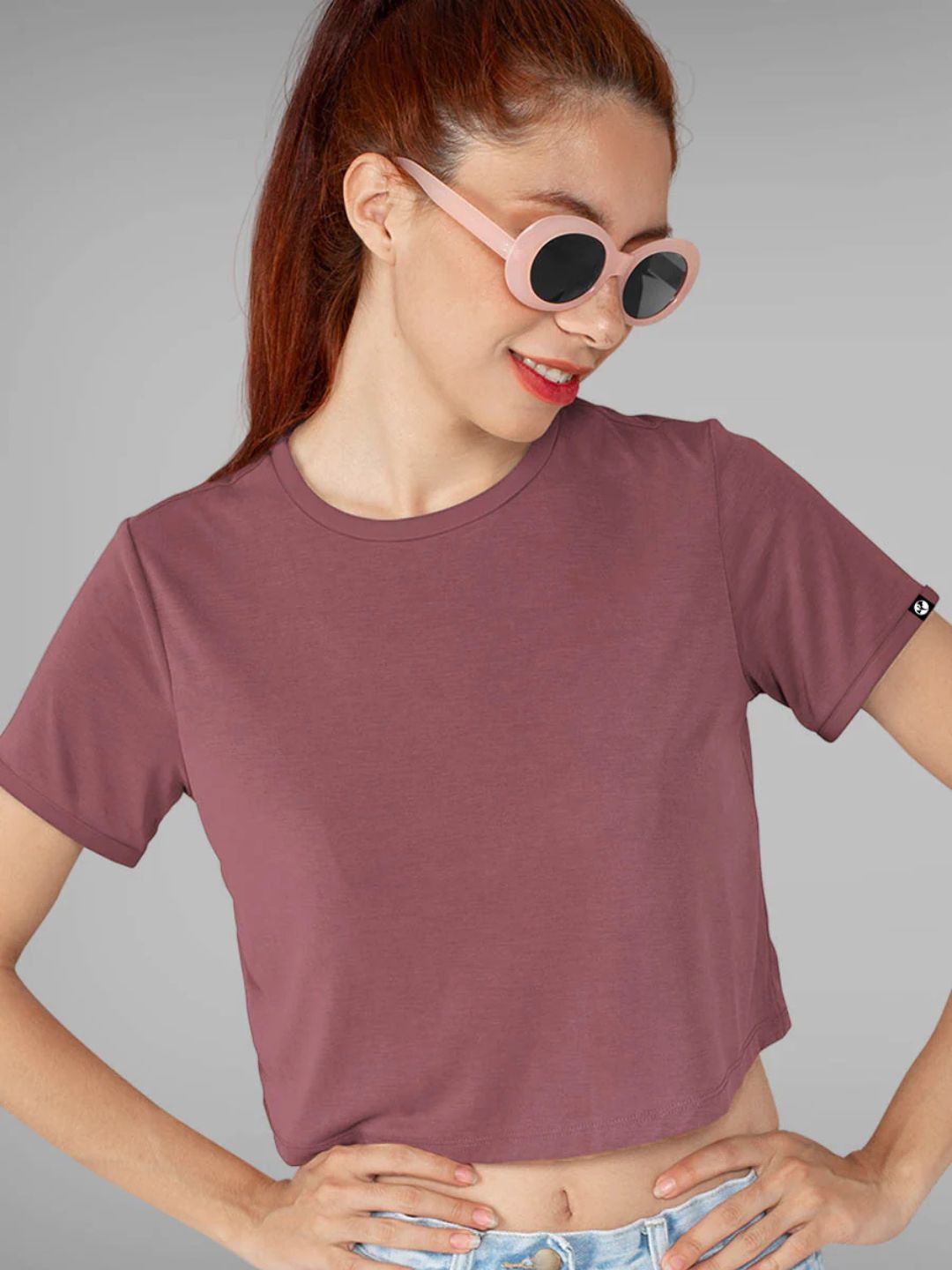 Solid Women Half Sleeve Crop Top - Mauve Taupe