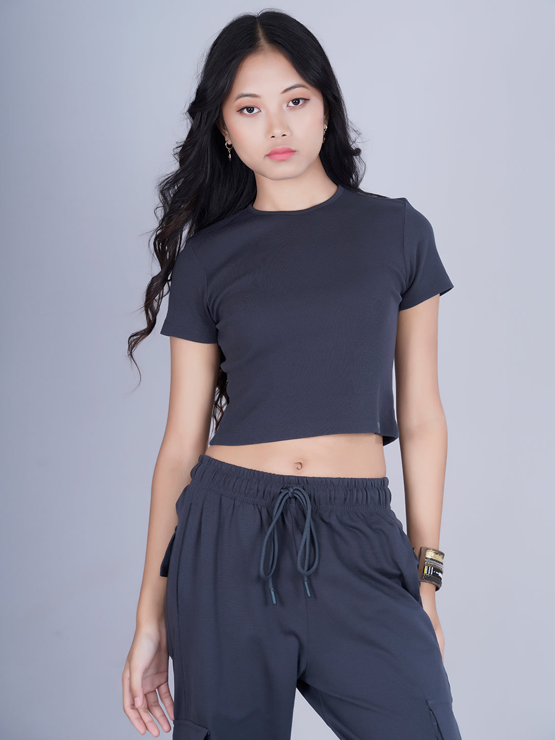 Dark Grey Ribbed Half Sleeve Crop Top PRONK –