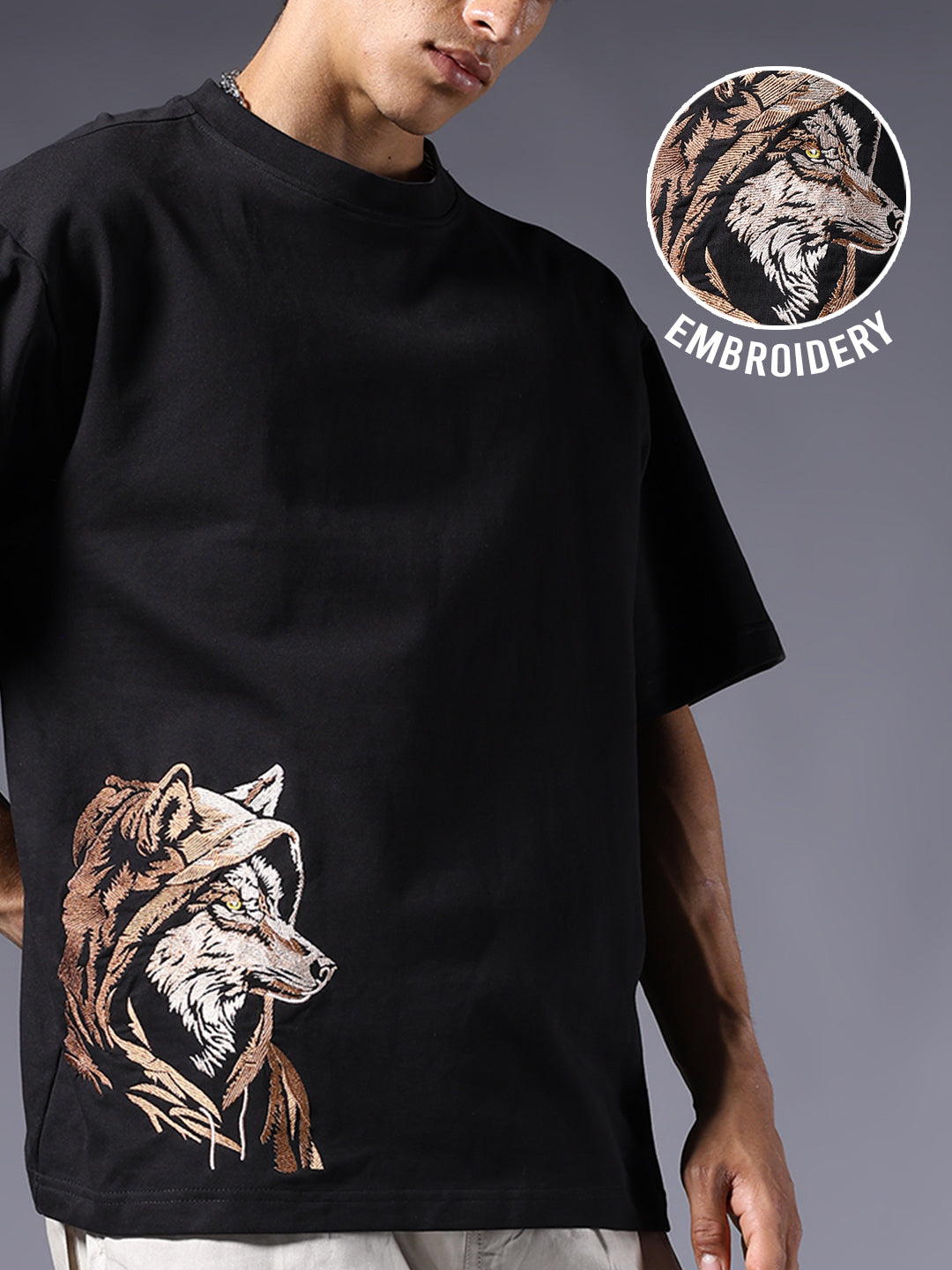 Wolf Embroidered Men Oversized Black Terry T-Shirt