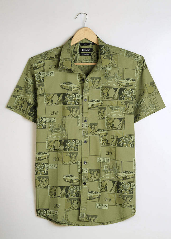 Anime Printed Mens Half Sleeve Shirt - Basil Green