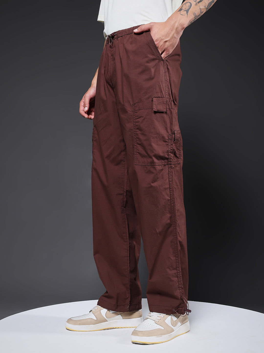 Solid Cocoa Baggy Fit Parachute Pants For Mens | Pronk – pronk.in