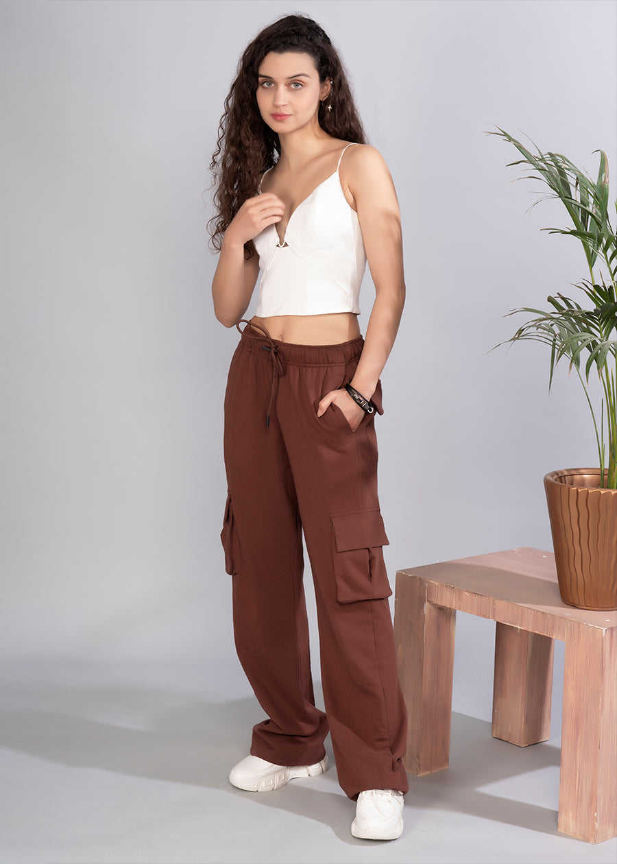 Women Premium Terry Cargo Pants - Cocoa
