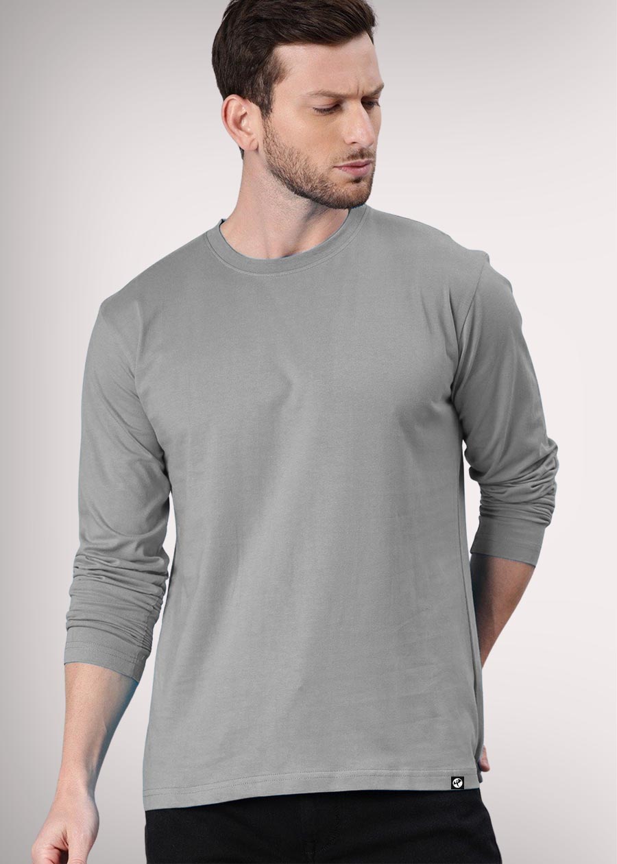 Solid Men Full Sleeve T Shirt Ash Grey