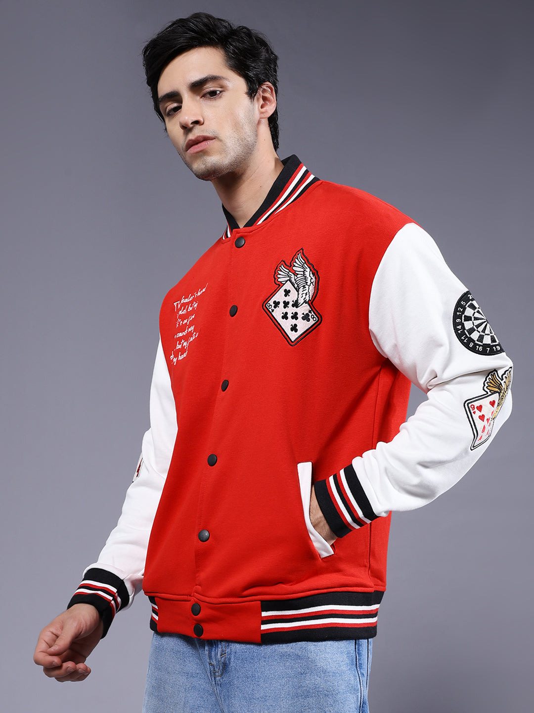 Cards Men Varsity Embroidered Bomber Jacket
