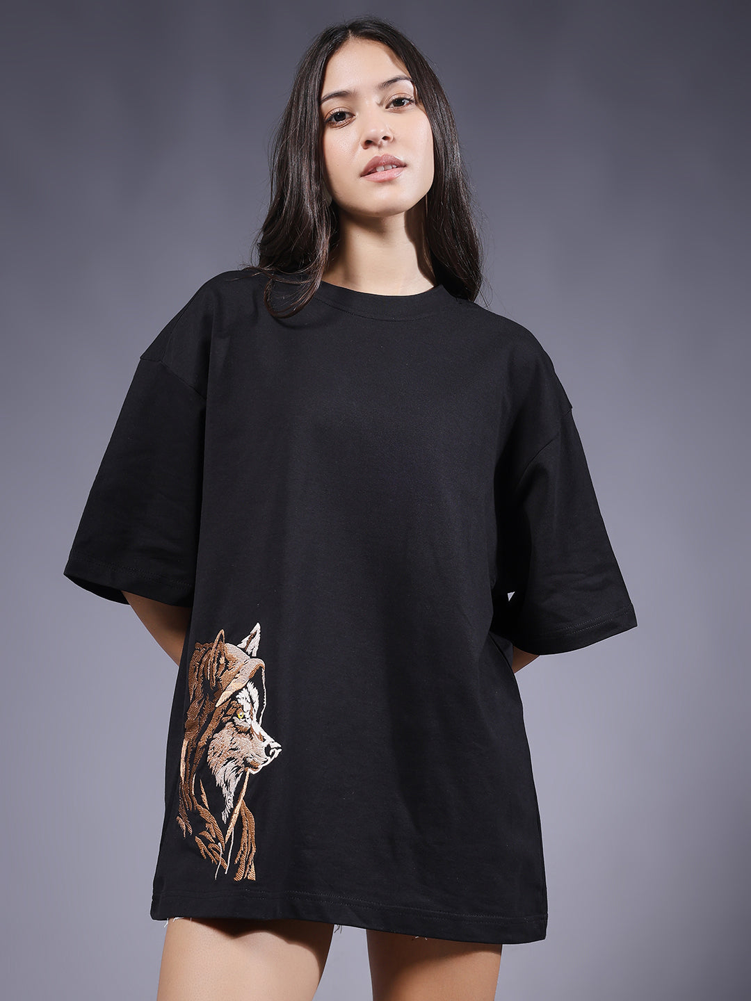 Wolf Embroidered Women Oversized Black Terry T-Shirt