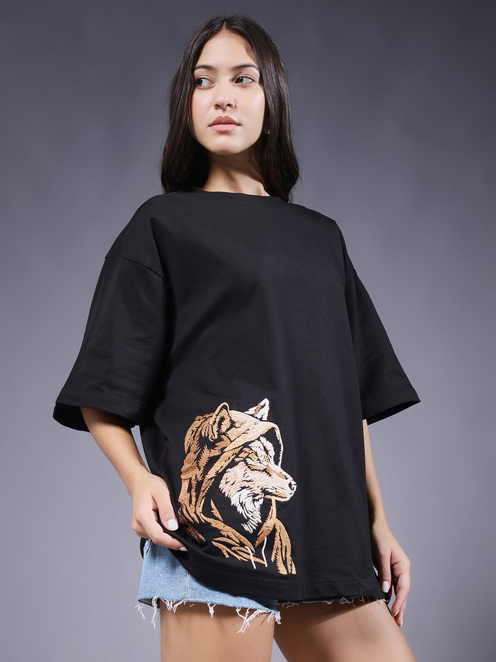 Wolf Embroidered Women Oversized Black Terry T-Shirt