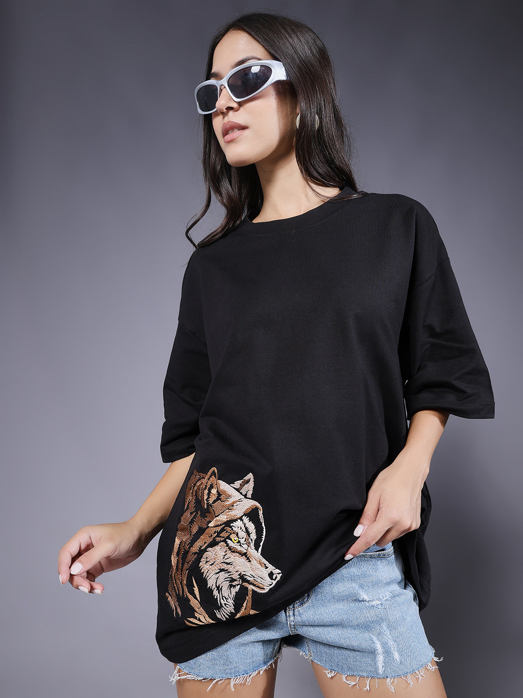 Wolf Embroidered Women Oversized Black Terry T-Shirt