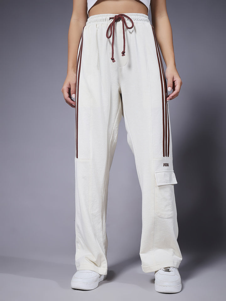 Women Premium Terry Cargo Pants with Side Stripes - Beige