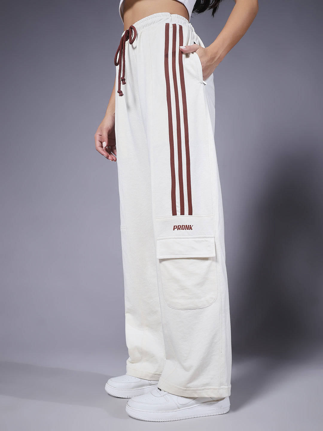 Women Premium Terry Cargo Pants with Side Stripes - Beige