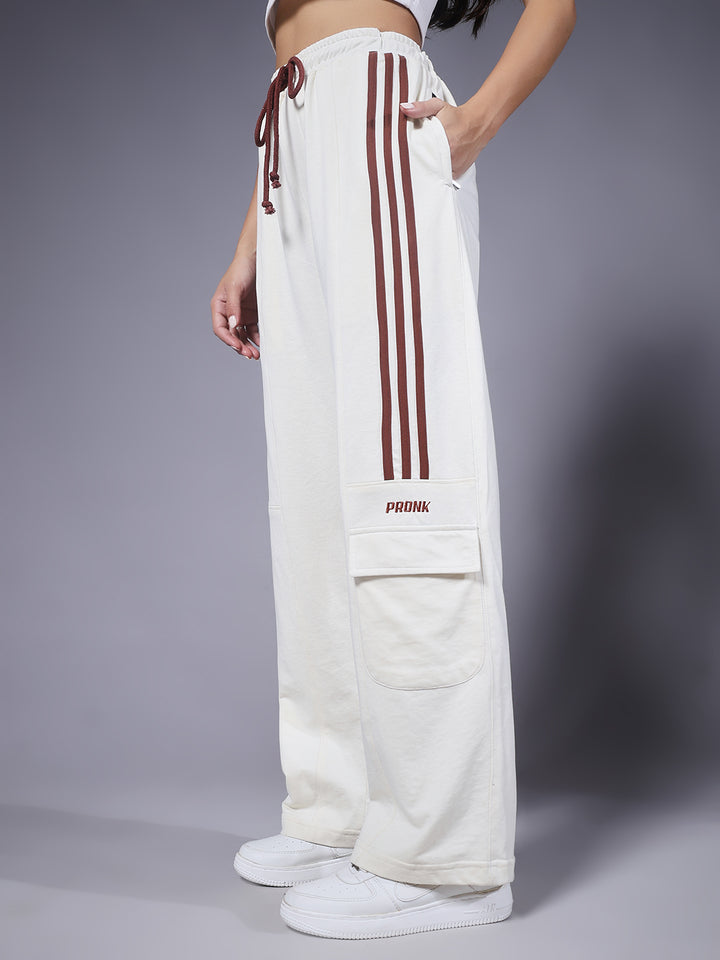 Women Premium Terry Cargo Pants with Side Stripes - Beige