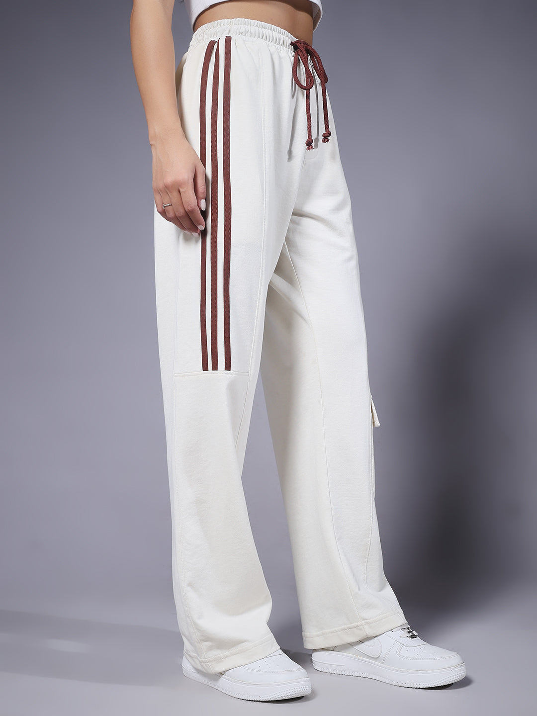 Women Premium Terry Cargo Pants with Side Stripes - Beige