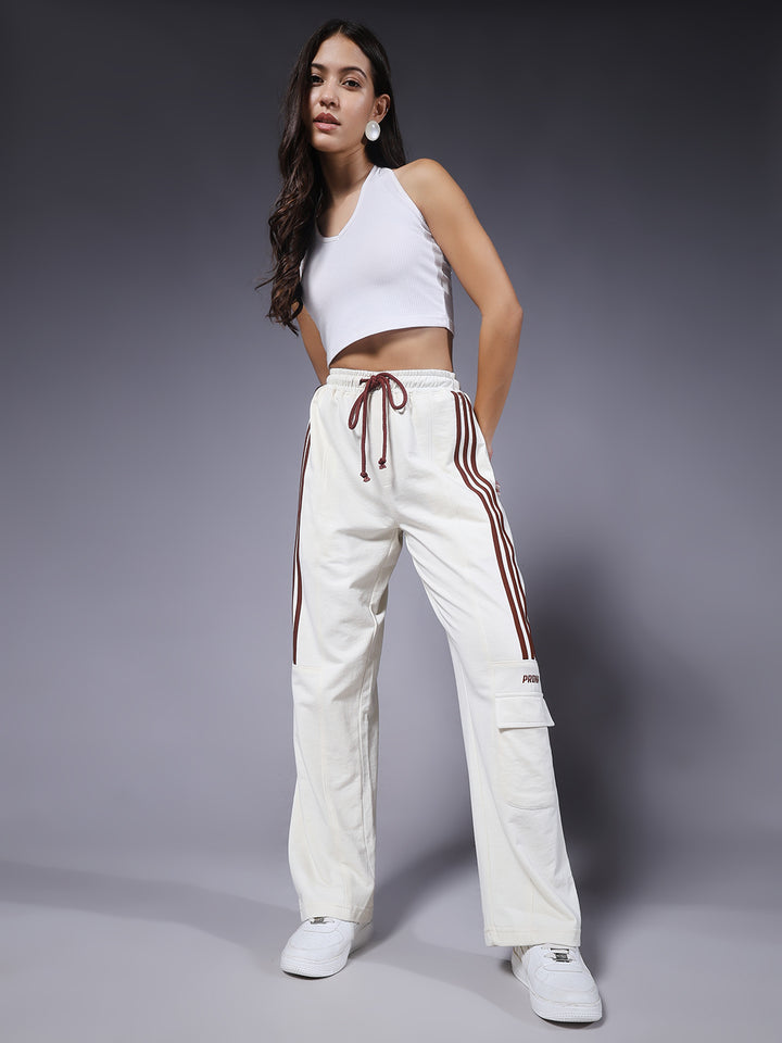 Women Premium Terry Cargo Pants with Side Stripes - Beige