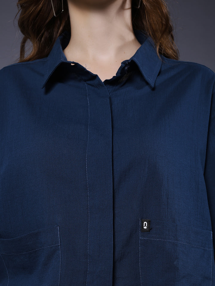 Women Solid Crop Shirt - Navy