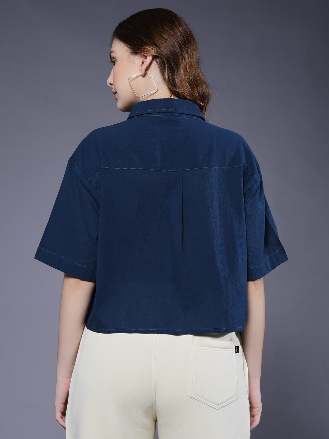 Women Solid Crop Shirt - Navy – pronk.in