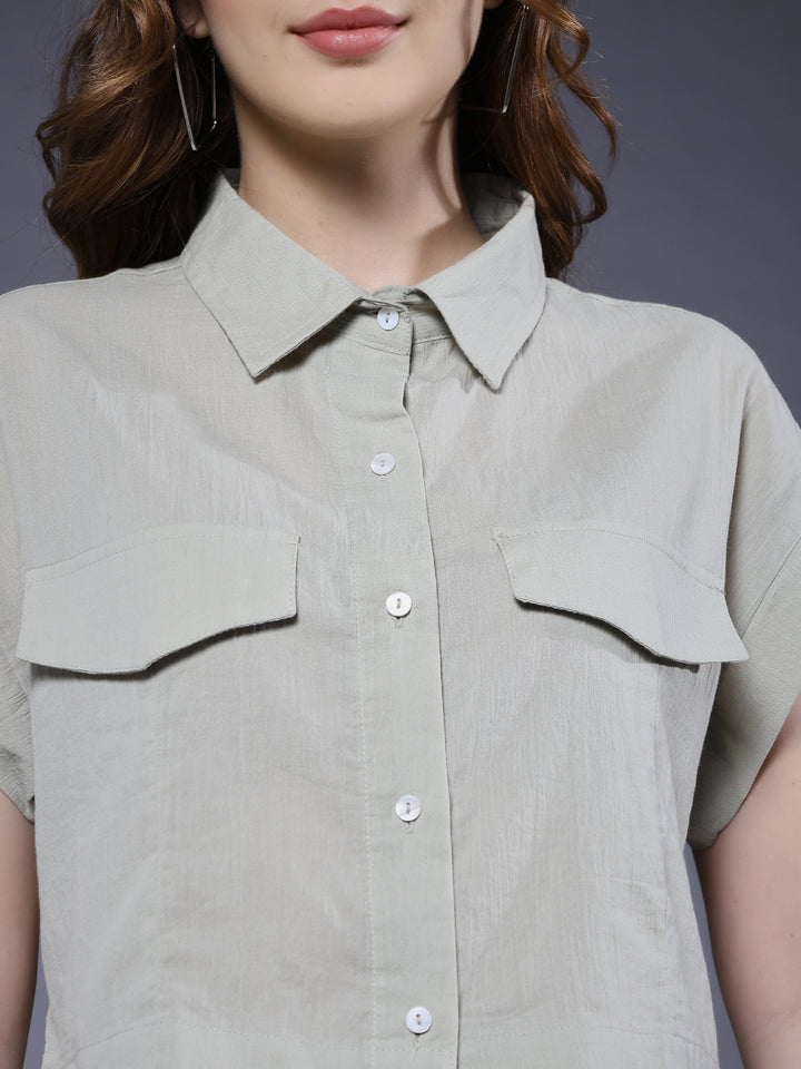 Women Solid Crop Shirt - Mint Green