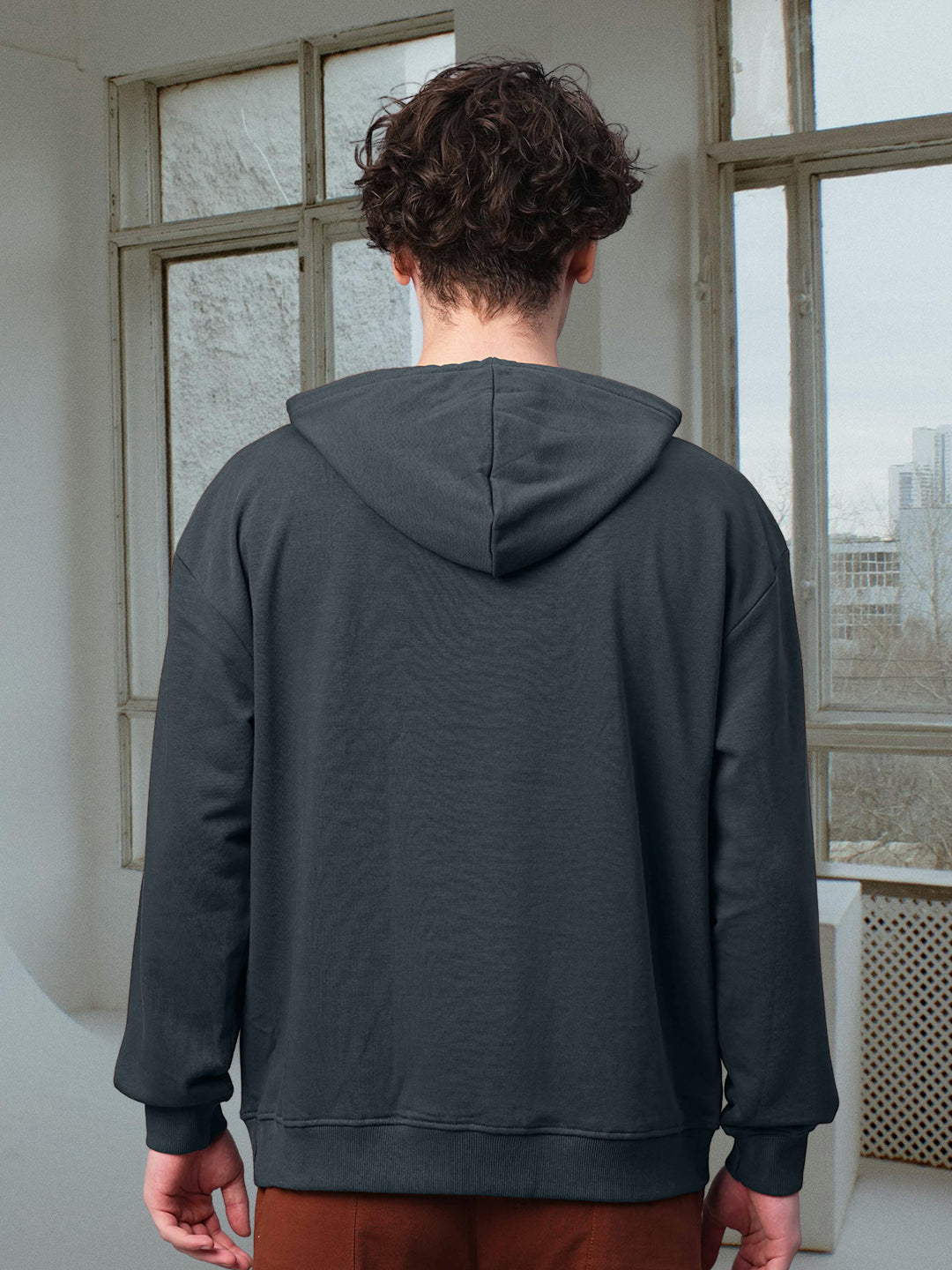 Solid Men Drop Shoulder Premium Terry Hoodie - Dark Grey